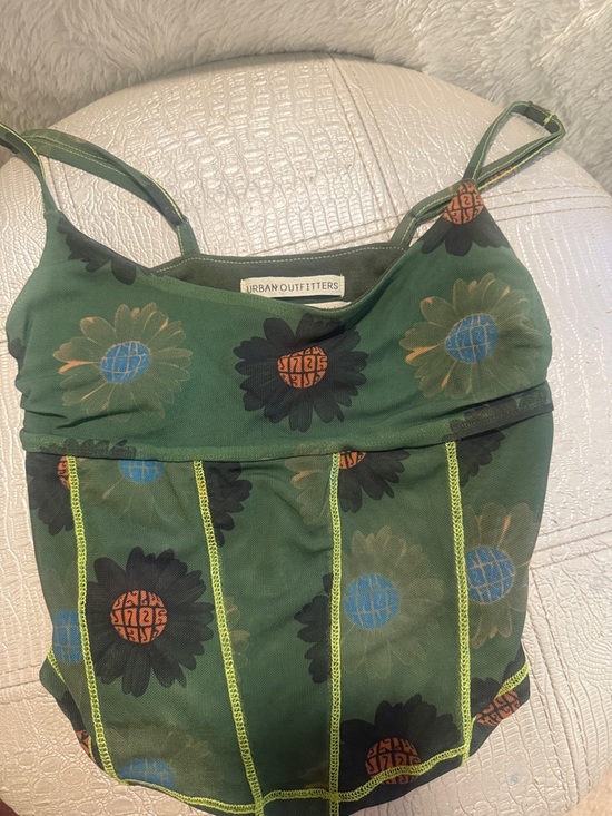 Urban Outfitters Tops - Urban Outfitters Dark Green Floral Mesh Cami with Neon Stitching
